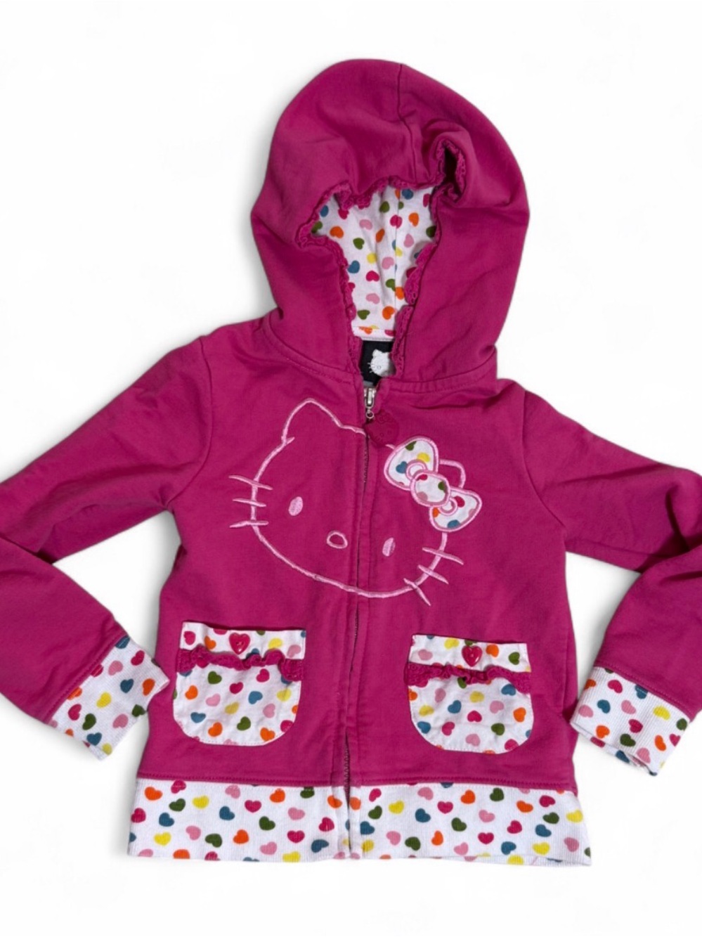 2010 Hello Kitty Sanrio Girls Pink Heart Zip Hoodie
Jacket Size 6 Y2K Kawaii